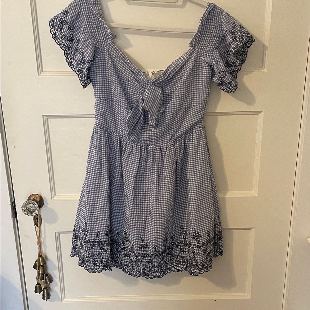 J.O.A. Blue and White Gingham Dress with Lace Trim